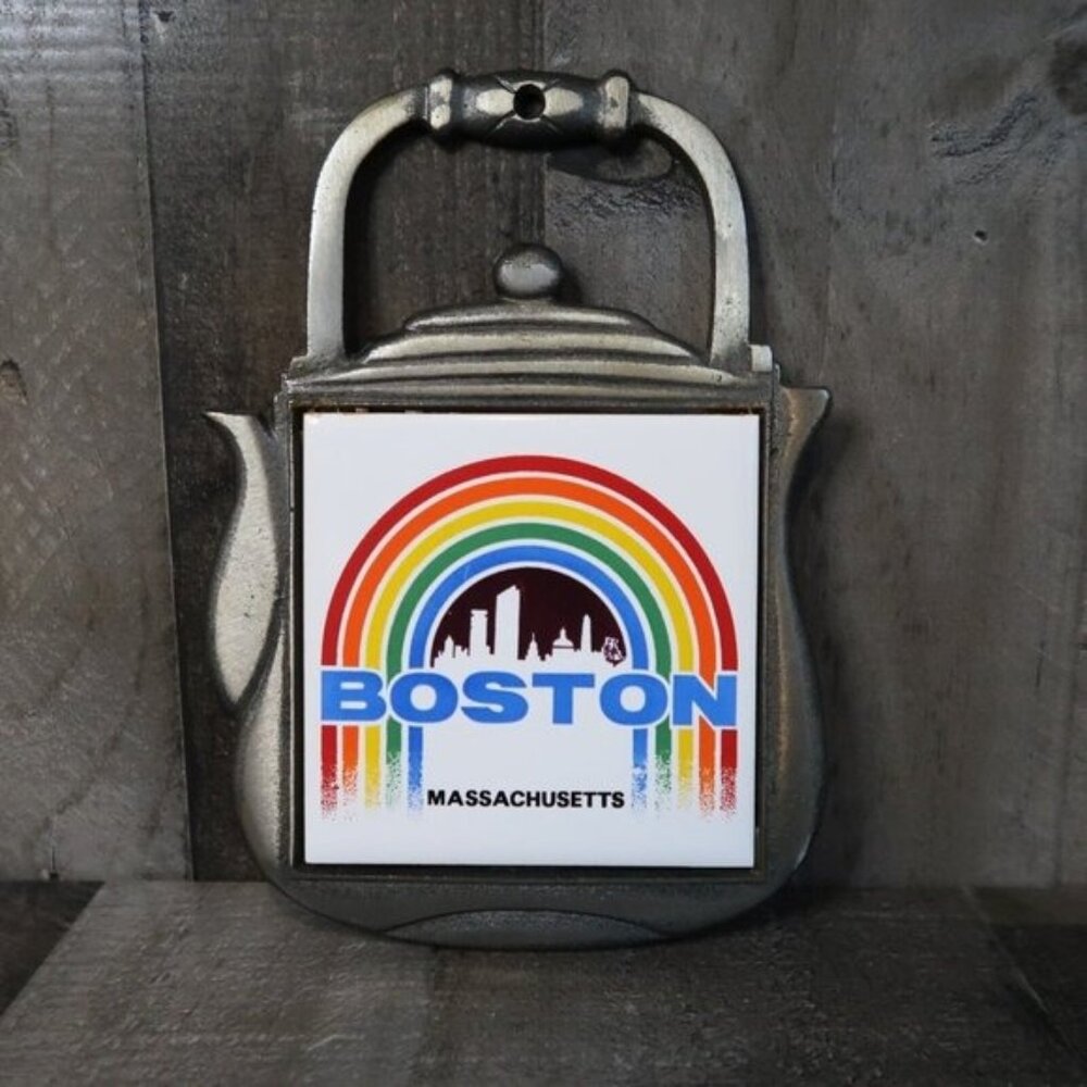 Nanco Boston Massachusetts Ceramic Kitchen Trivet Rainbow Metal Tea Kettle